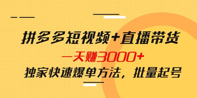 拼多多短视频 直播带货，一天赚3000 独家快速爆单方法，批量起号_北创网