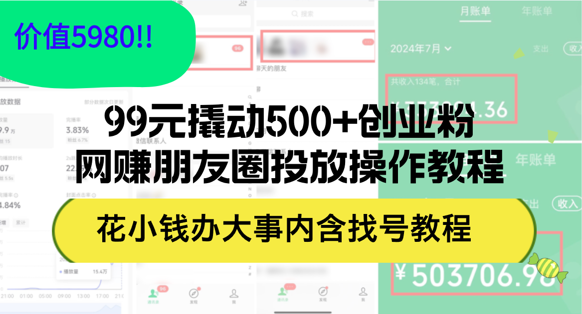 99元撬动500+创业粉，网赚朋友圈投放操作教程价值5980！花小钱办大事内…_北创网