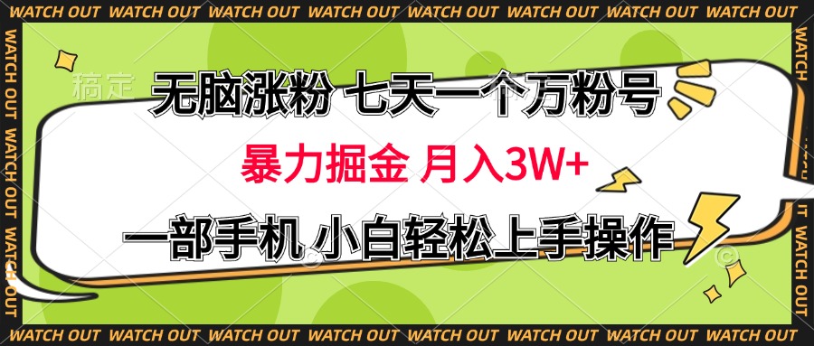 无脑涨粉 七天一个万粉号 暴力掘金 月入三万+，一部手机小白轻松上手操作_北创网