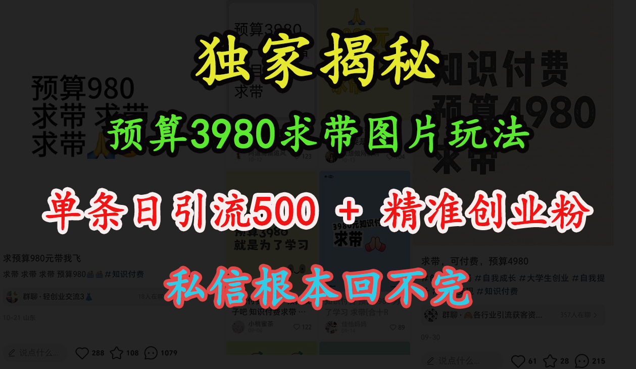 “小红书”预算3980求带 图片玩法，单条日引流500+精准创业粉，私信根本回不完_北创网