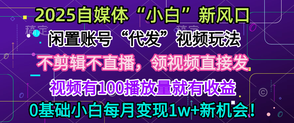 2025每月躺赚5w+新机会，闲置视频账号一键代发玩法，0粉不实名不剪辑，领了视频直接发，0基础小白也能日入300+_北创网