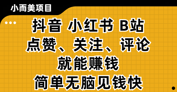 小而美的项目，抖音、小红书、B站视频点赞、关注、评论就能赚钱，简单无脑立见收益！妥妥的零撸项目_北创网