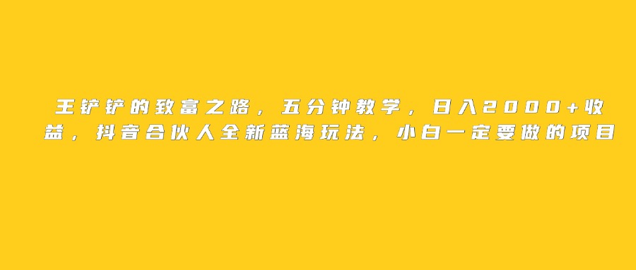 王铲铲的致富之路，日入2000+收益，五分钟教学，抖音合伙人全新蓝海玩法，小白一定要做的项目_北创网
